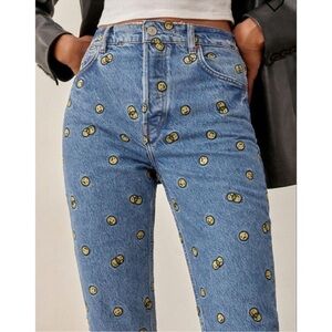 Reformation Mixed Emotions High Rise Straight Jean Smile Face Blue Denim 25